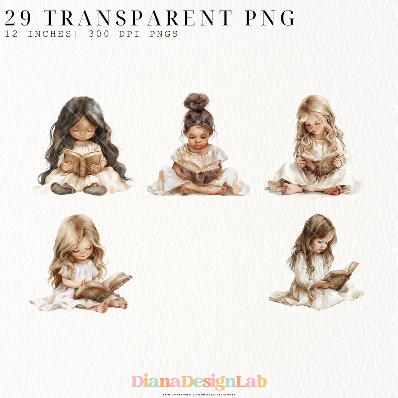 May include: Five watercolor illustrations of girls sitting and reading books. The girls are wearing white dresses and have long hair. The books are open and the pages are visible. The illustrations are on a white background.