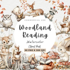 Imágenes prediseñadas de lectura en el bosque, otoño, animales bebés, regreso a la escuela, libro, lectura de fantasía, decoración de guardería, acuarela, uso comercial