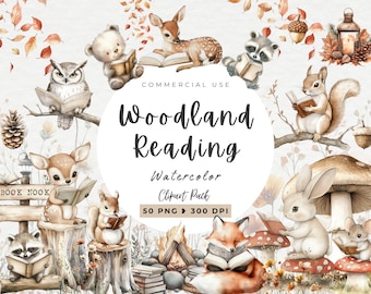 Woodland Reading Clipart, Fall Autumn, Baby Animals, Back To School, Book, Fantasy Reading, Nursery Decor, Watercolor, Commercial Use