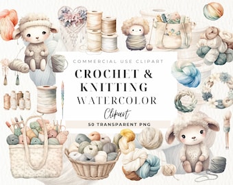 Peut inclure: Clipart aquarelle sur le thème du crochet et du tricot. L'image comprend des pelotes de laine, des bobines, un personnage de mouton et le texte "CROCHET & KNITTING WATERCOLOR Clipart". La palette de couleurs est douce, avec des tons pastel de bleu, rose et beige.