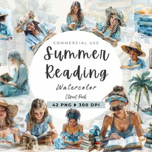 Clipart di lettura estiva, primavera, amante dell'estate, amore di lettura, download digitale, libresco, lettura su una spiaggia, spiaggia e libri PNG, ragazza da spiaggia