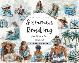 Summer Reading Clipart, Spring, Summer Lover, Reading Love, Digital Download, Bookish, Reading on a beach, Beach and Books PNG, Beach Girl
