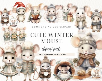 Aquarell Maus Winter Clipart, Buch Illustration, Weihnachten süße Boho Mäuse Tier Png, Junk Journals Einladungen Sublimation, kommerzielle Nutzung