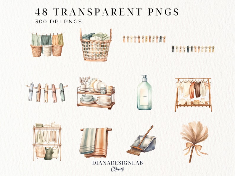 K&ouml;nnte beinhalten: Ein Set mit Aquarell-Illustrationen von W&auml;sche und Reinigungsmitteln. Die Illustrationen beinhalten einen W&auml;schekorb, Kleiderb&uuml;gel, einen W&auml;schest&auml;nder, ein Geschirrregal, eine Flasche Waschmittel, eine Kehrschaufel und einen Besen, einen Staubwedel und eine W&auml;scheleine mit W&auml;scheklammern.