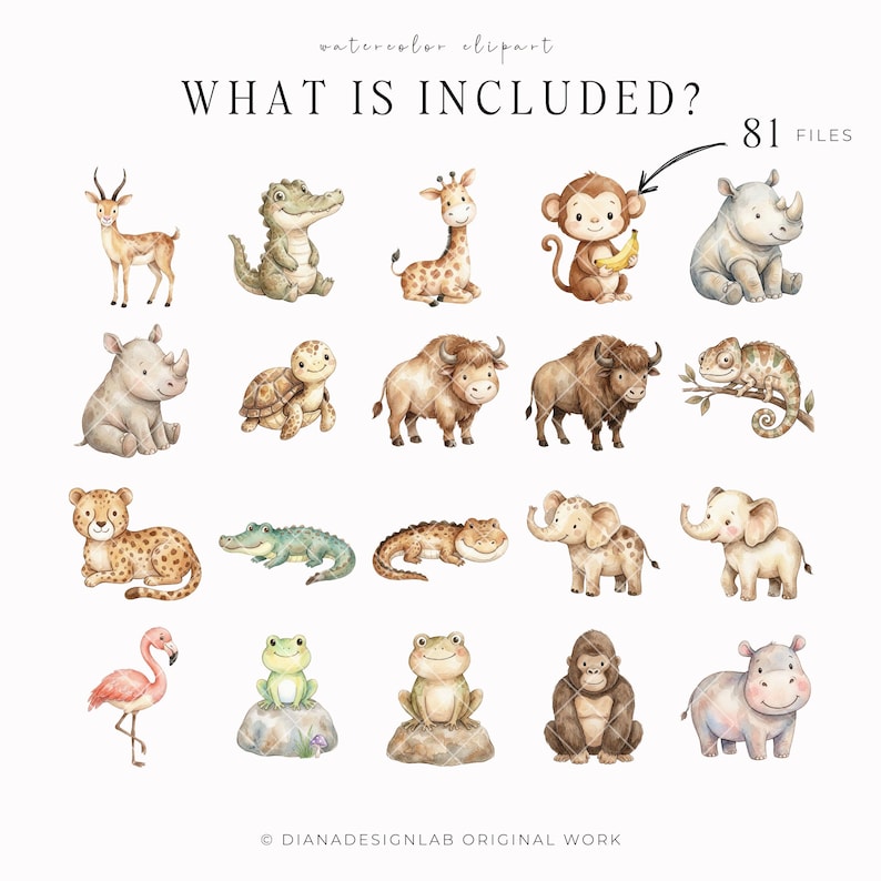 Watercolor Safari Animals Clipart Set, Jungle Nursery Baby PNG Bundle ...