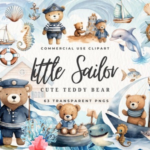 Niedliche Seemann Teddy Bär Clipart, nautische Kinderzimmer Clip art, unter dem Meer, Strand PNG, Geburtstag, Baby-Dusche, Leben im Meer, kommerzielle Nutzung