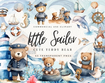 Puede incluir: Un conjunto de 63 ilustraciones de acuarela que presentan un lindo osito de peluche vestido de marinero. Las ilustraciones incluyen temas náuticos como un faro, un velero, un ancla, un caballito de mar, una estrella de mar y un delfín. El texto "little Sailor" y "cute teddy bear" se incluye en la imagen.