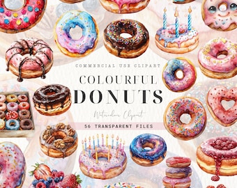 Donut Sprinkles Clipart, Acuarela Donuts Clip art, Imágenes Prediseñadas de Alimentos, Chocolate, Comida de Panadería Dulce, Fiesta de Cumpleaños de Donut, Uso Comercial