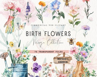 May include: A watercolor illustration set of 75 birth flowers, including a variety of flowers, butterflies, bees, and gardening tools. The set includes a watering can, a gardening glove, a wooden sign that says "Mother's Garden", and a vase with flowers. The illustrations are in a vintage style and are perfect for creating cards, invitations, and other crafts.