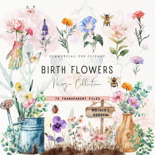 Birth Month Flowers Clipart, Birth Month Butterflies Clipart, Birth Month Flower Clipart Antique Floral PNG, Watercolor Floral, Butterfly