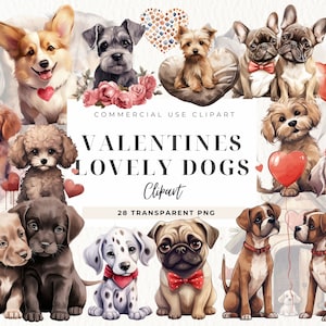 Valentines Day Dogs Clipart, Head Animals Clipart, Téléchargement numérique, Love Dogs Clip art, Junk Journal, Chiots avec cœurs, Couple de chiens
