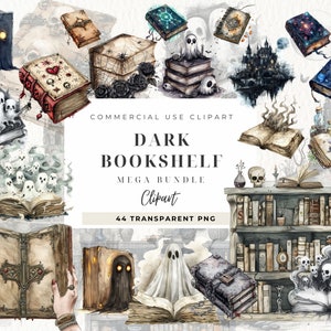 May include: A digital clipart set of 44 transparent PNG images featuring a dark bookshelf with various books, ghosts, and other spooky elements. The text "DARK BOOKSHELF MEGA BUNDLE Clipart" is displayed on a white banner.