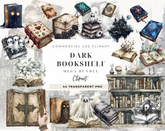 Gothic Bookshelf clipart, Paper Craft, Junk Journal, Book Graphics, Floral Book, Scrapbooking, Fantasy Book, Dark Library Room, Skull, Ghost