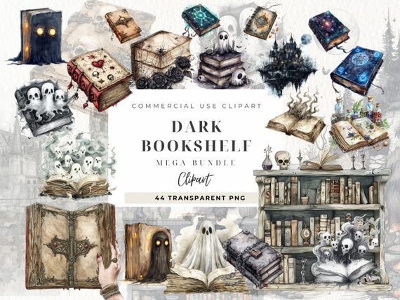 Gothic Bookshelf clipart, Paper Craft, Junk Journal, Book Graphics, Floral Book, Scrapbooking, Fantasy Book, Dark Library Room, Skull, Ghost