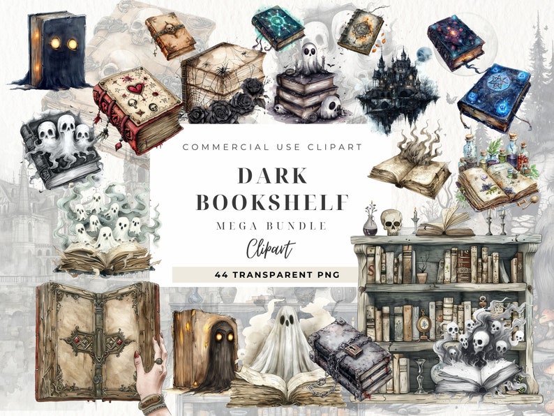 May include: A digital clipart set of 44 transparent PNG images featuring a dark bookshelf with various books, ghosts, and other spooky elements. The text "DARK BOOKSHELF MEGA BUNDLE Clipart" is displayed on a white banner.