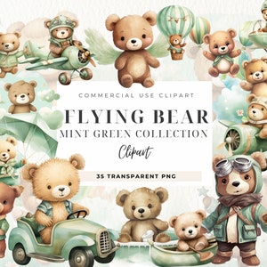 Clipart Orso Volante, Download digitale, Viaggiatore, Orsacchiotto verde menta, Orsetto, Clipart Baby Shower acquerello, Pilota carino, Arredamento dell'asilo nido