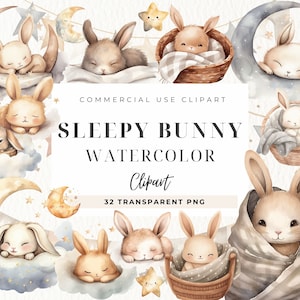 Niedliches Aquarell Häschen Clipart, PNG schlafendes Häschen, Boho Häschen Clipart, Sterne und Mond Clipart, Häschen-Baby-Dusche, Häschen Geburtstag Clipart