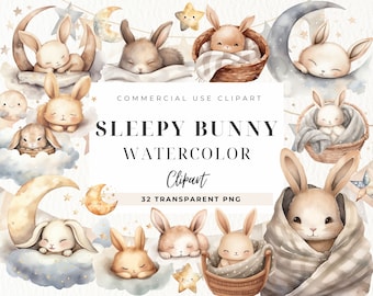 Cute Watercolor Bunny Clipart, Sleeping Bunny PNG, Boho Rabbit Clipart, Stars and Moon Clipart, Bunny Baby Shower, Bunny Birthday Clipart