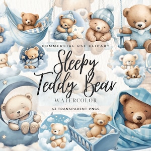 Aquarelle Sleepy Teddy Bear Clipart, Baby Shower, Boho Cute Teddy Bear Moon, Blue Boy, Baby Shower, Nursery Wall Art, Utilisation commerciale