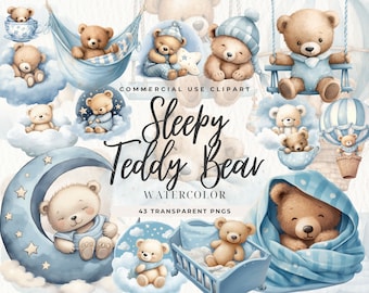 Aquarell verschlafenen Teddy Bär Clipart, Baby-Dusche, Boho niedlichen Teddy Bär Mond, blauer Junge, Baby-Dusche, Kinderzimmer Wand Kunst, kommerzielle Nutzung