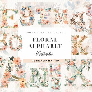 Clipart collection aquarelle alphabet floral, fleurs roses, autocollant pour agenda, lettres, chiffres, griffonnage rétro, usage commercial