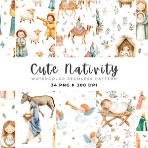 Joli motif numérique sans couture de la Nativité, art biblique, motif répété Boho neutre de la Nativité, l'enfant Jésus, papier numérique de Noël Jésus