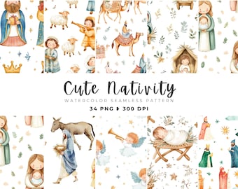 Cute Nativity Seamless Digital Pattern, Biblical Art, Nativity Baby Jesus Neutral Boho Repeated Pattern, Christmas Jesus Digital Paper