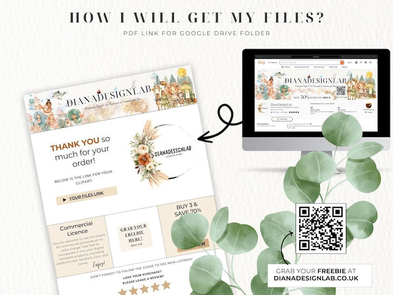 Pu&ograve; includere: Un elenco di prodotti digitali scaricabili per clipart, con un messaggio di ringraziamento, un link per scaricare i file e un contratto di licenza commerciale. L'elenco include anche un codice QR e un link al sito web del venditore.