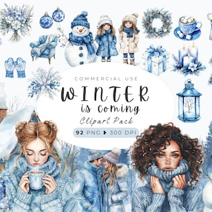 Clipart aquarelle hiver, bonjour l'hiver, joyeux Noël, neige bleue douillette, fleurs d'hiver, décorations, paysage de montagne, motifs hivernaux