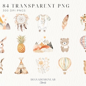 Boho Baby Watercolor Clipart, Nursery Animal Clip Art, Newborn Boho Kid ...