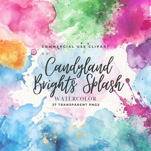 Candyland Brights aquarel splatter clipart, abstracte achtergrond, spatten neutraal, digitale download, penseelstreken, minimalistische texturen
