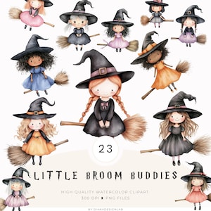 Peut inclure: Ensemble de 23 illustrations aquarelles de petites sorcières volant sur des balais. Chaque sorcière porte un chapeau noir et une robe de différentes couleurs, dont le rose, le bleu et l'orange. Le texte "Little Broom Buddies" est affiché en bas.