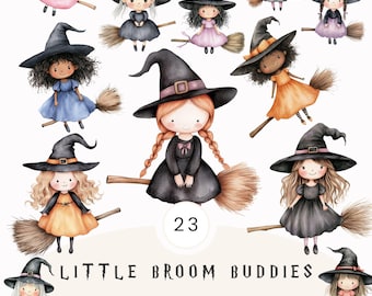 Clipart-set heks op bezem – aquarel Halloween-png, illustratie schattige vliegende heks