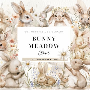 Joli lapin et fleurs des cliparts, téléchargement numérique, prairie de fleurs sauvages, lapin de Pâques Png, aquarelle Daisy Floral clipart, printemps, Commercial