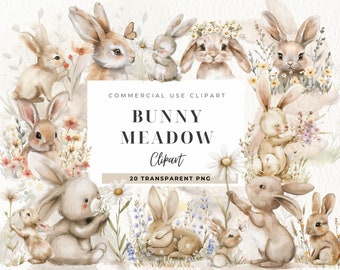 Cute Bunny and Flowers Clipart, Digital Download, Wildflower Meadow, Easter Bunny Png, Watercolor Daisy Floral Clip art, Spring, Commercial