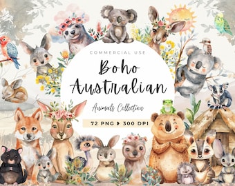 May include: Watercolor illustrations of Australian animals, including a koala, kangaroo, echidna, wombat, and more. The illustrations are in a boho style with floral accents and are perfect for crafting and design projects. 72 PNG files, 300 DPI.