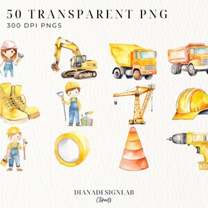 May include: Watercolor illustrations of construction equipment and workers, including a yellow excavator, dump trucks, a crane, and a hard hat. The image also features a pair of yellow work boots, a roll of tape, a traffic cone, and a yellow drill. The text at the top reads "50 TRANSPARENT PNG".