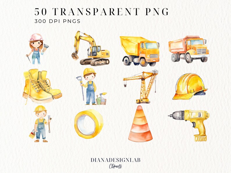 May include: Watercolor illustrations of construction equipment and workers, including a yellow excavator, dump trucks, a crane, and a hard hat. The image also features a pair of yellow work boots, a roll of tape, a traffic cone, and a yellow drill. The text at the top reads "50 TRANSPARENT PNG".