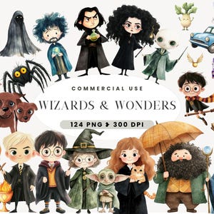 Clipart de escola de bruxaria, bruxa fofa, clipart de escola de magia, mundo mágico, convite de aniversário infantil, berçário, maravilhas de aquarela, uso comercial