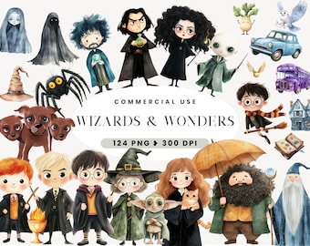 Wizard School Clipart, Cute Witch, Magic School Clipart, Magical World, Kids Birthday Invite, Nursery, Watercolor Wonders, Commercial Use