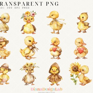 May include: A set of 30 watercolor illustrations of cute yellow ducklings in various poses. Some ducklings are wearing hats, flowers, or holding hearts. The illustrations are perfect for adding a touch of whimsy to any project.