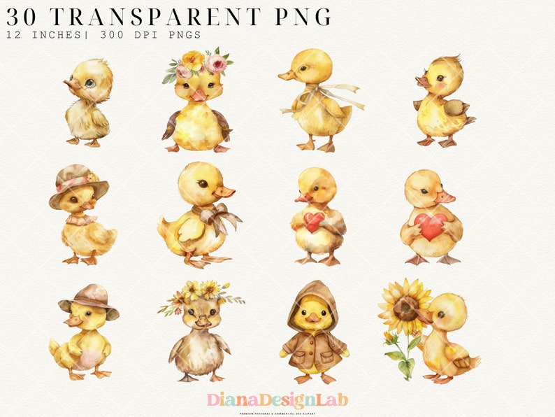 May include: A set of 30 watercolor illustrations of cute yellow ducklings in various poses. Some ducklings are wearing hats, flowers, or holding hearts. The illustrations are perfect for adding a touch of whimsy to any project.