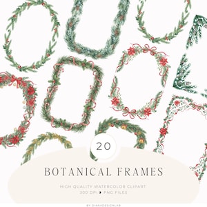 Könnte beinhalten: Aquarell-Botanikkader in verschiedenen Formen, darunter ovale und rechteckige Designs. Die Rahmen zeigen grünes Laub, rote Bänder und Weihnachtssternblüten. Das Bild enthält den Text "20 BOTANICAL FRAMES" und "HIGH QUALITY WATERCOLOR CLIPART".