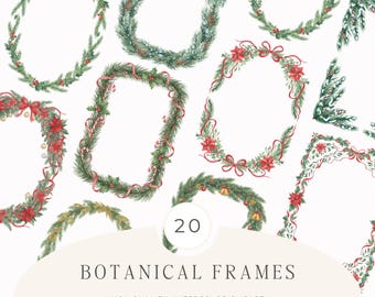 Christmas Botanical Frame Clipart – Xmas Watercolor Greenery Borders & Wreaths PNG