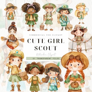 Girl Scout Clipart, Aquarell Scout Clip Art, Outdoor-Aktivitäten, Brownie Girl Scouts, Reise Clip Art, Schulmädchen, kommerzielle Nutzung