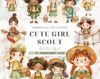 May include: Watercolor illustrations of cute girl scouts in various poses. The girls are wearing green and brown uniforms with badges and hats. Some are holding camping equipment, like a magnifying glass, a first aid kit, and a canoe paddle. The text "COMMERCIAL USE CLIPART CUTE GIRL SCOUT Watercolor Clipart 51 TRANSPARENT FILES" is at the bottom of the image.