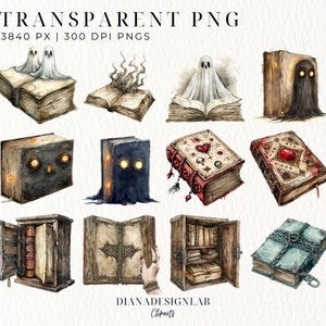 May include: A set of 12 watercolor illustrations of vintage books with spooky and magical themes. The books feature ghosts, chains, and other mystical elements. The illustrations are perfect for adding a touch of whimsy and magic to your projects.