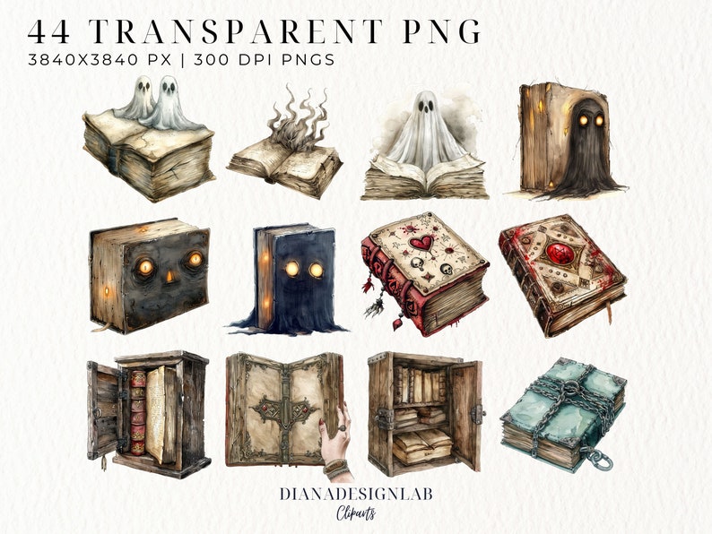 May include: A set of 12 watercolor illustrations of vintage books with spooky and magical themes. The books feature ghosts, chains, and other mystical elements. The illustrations are perfect for adding a touch of whimsy and magic to your projects.