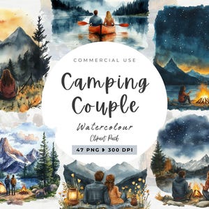 Clipart camping paar, reizen stel, fietsen, bergen, geschenken aanpasbaar, liefdespaar, fietstocht, campingemmer, commercieel gebruik