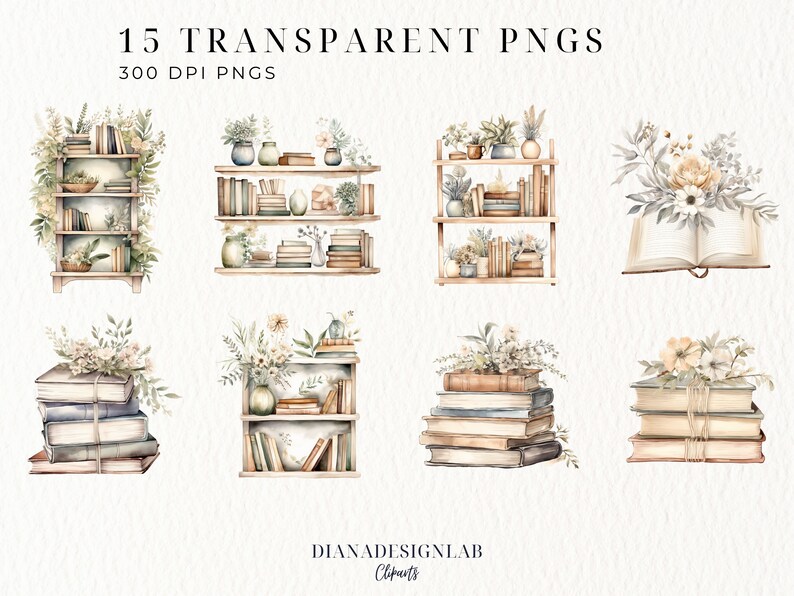 May include: A set of 15 watercolour illustrations featuring bookshelves, stacks of books, and open books with floral arrangements. The illustrations are in a rustic style with a neutral colour palette.